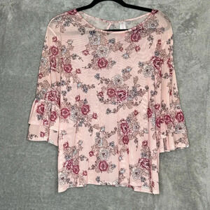 No Boundries XXL 2X Shirt Top Pink Floral Bell 3/4 Sleeve Round Neck Sheer